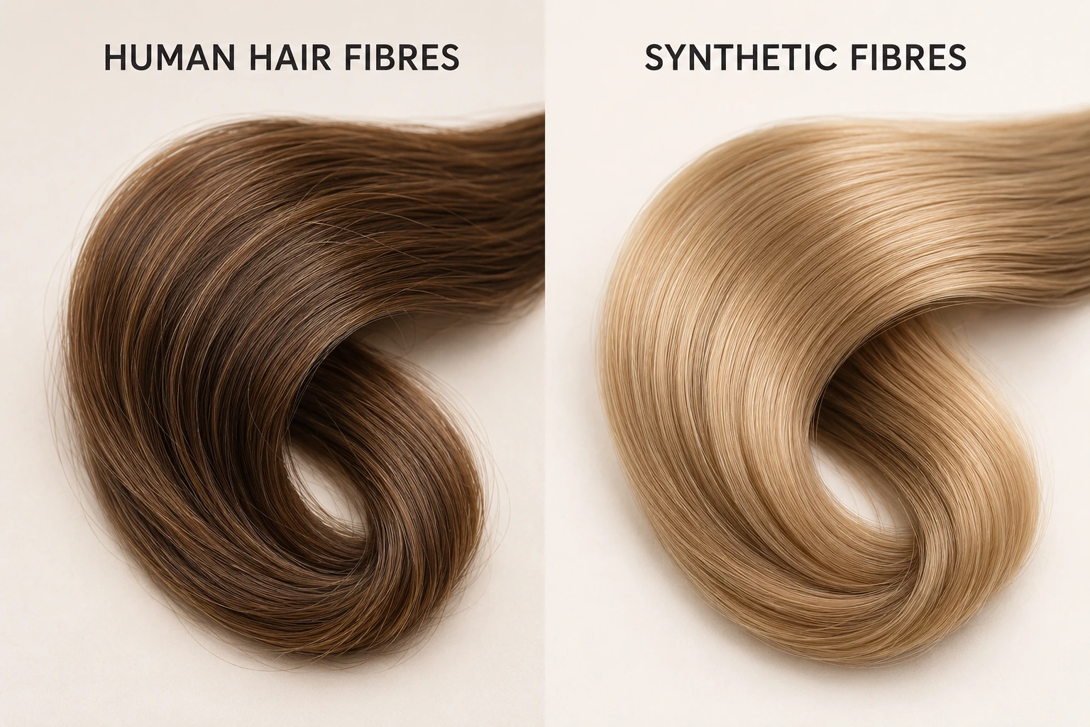 Comparison of human hair, premium synthetic and heat friendly synthetic wig fibres