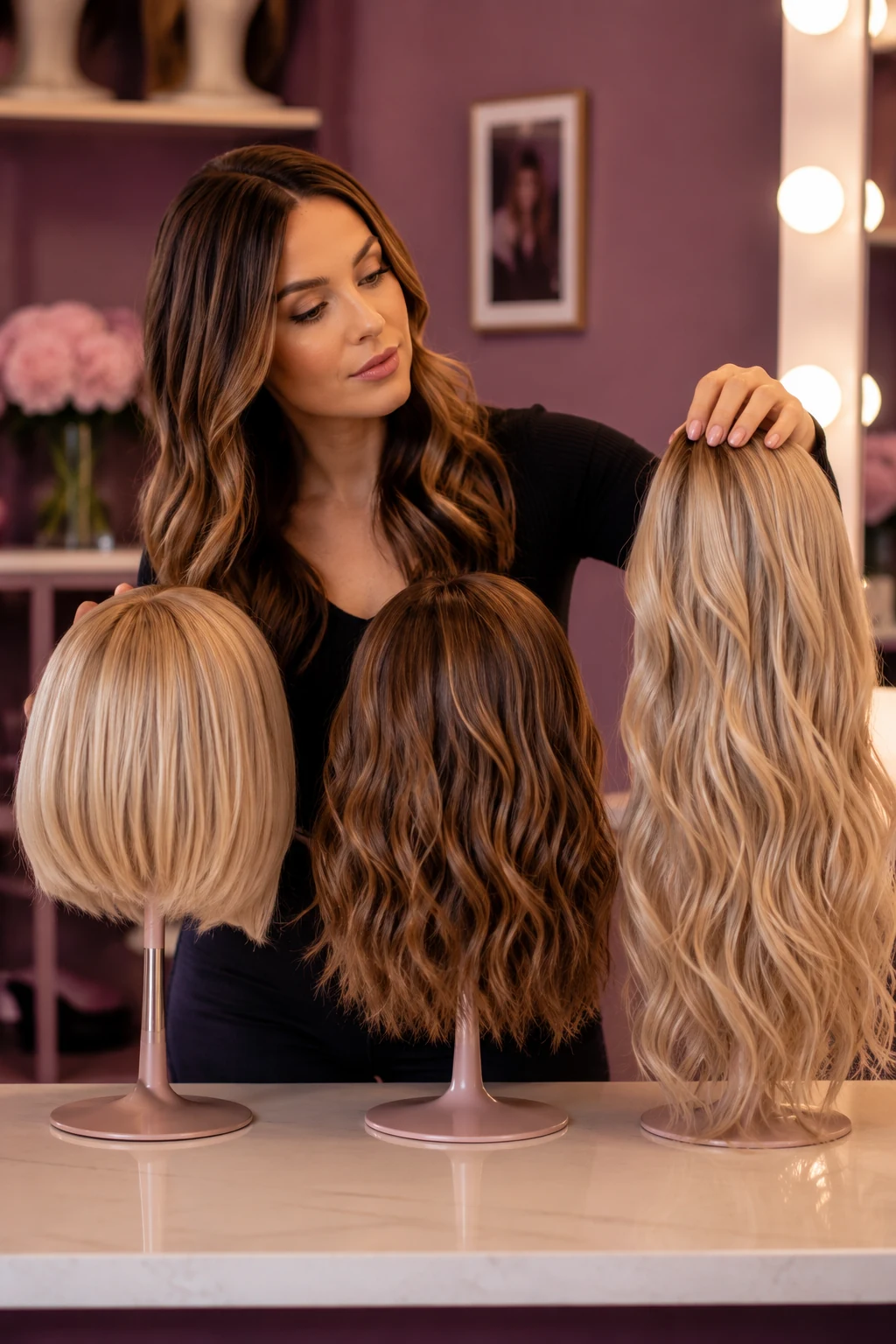 Wig buying guide showing short, medium and long wig lengths