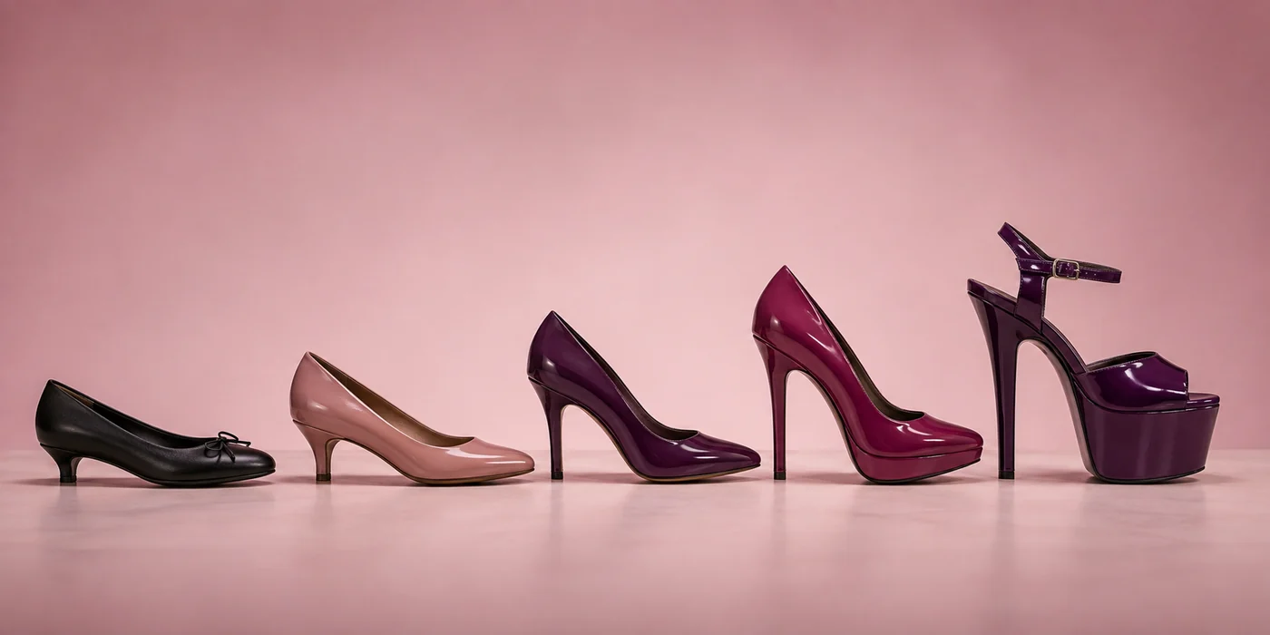 Low, mid, high, very high and extreme platform heels arranged in order of increasing heel height