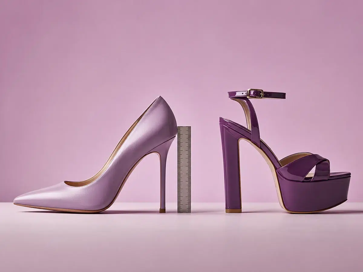 Correct vertical heel-height measurement shown on a stiletto shoe and a platform heel