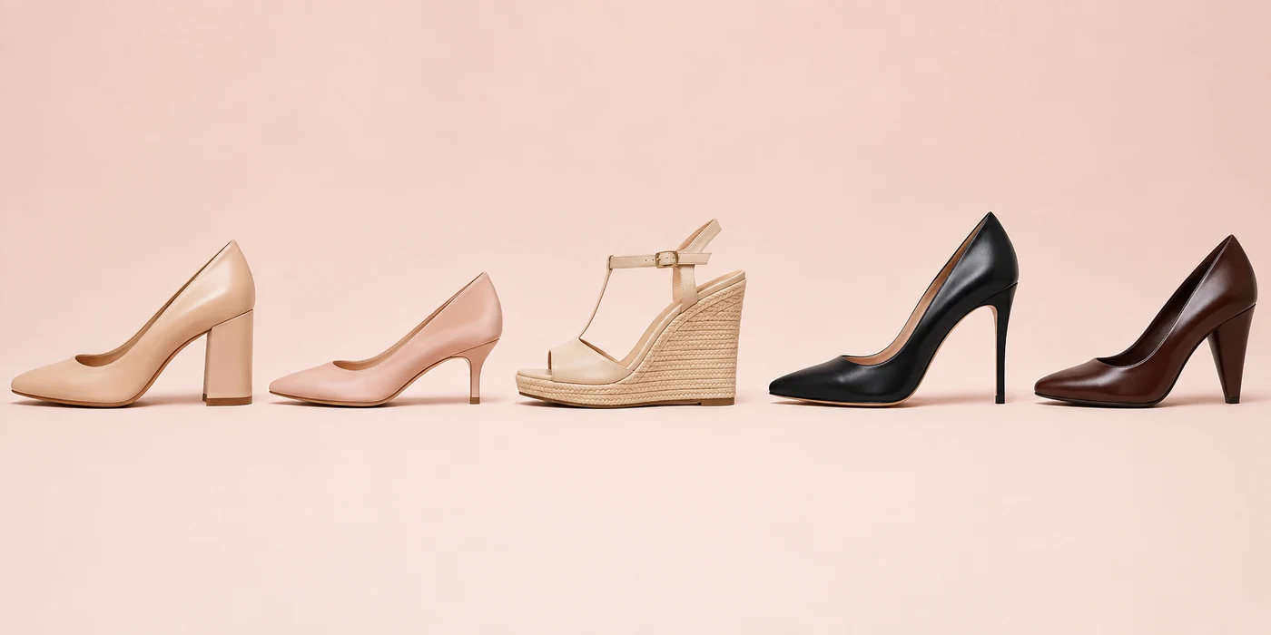 Block, kitten, wedge, stiletto and tapered heel shapes compared side by side