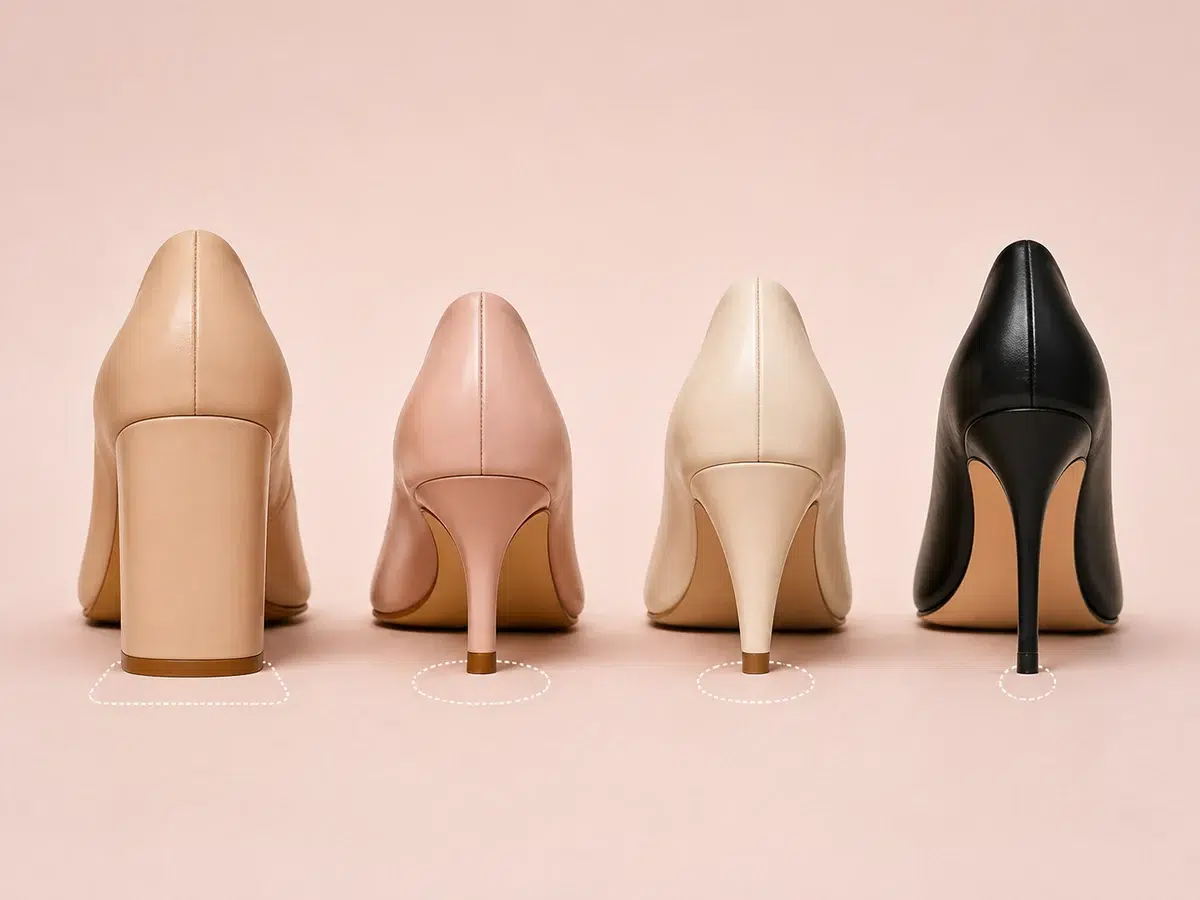 Broad block, tapered, cone and narrow stiletto heel contact areas compared