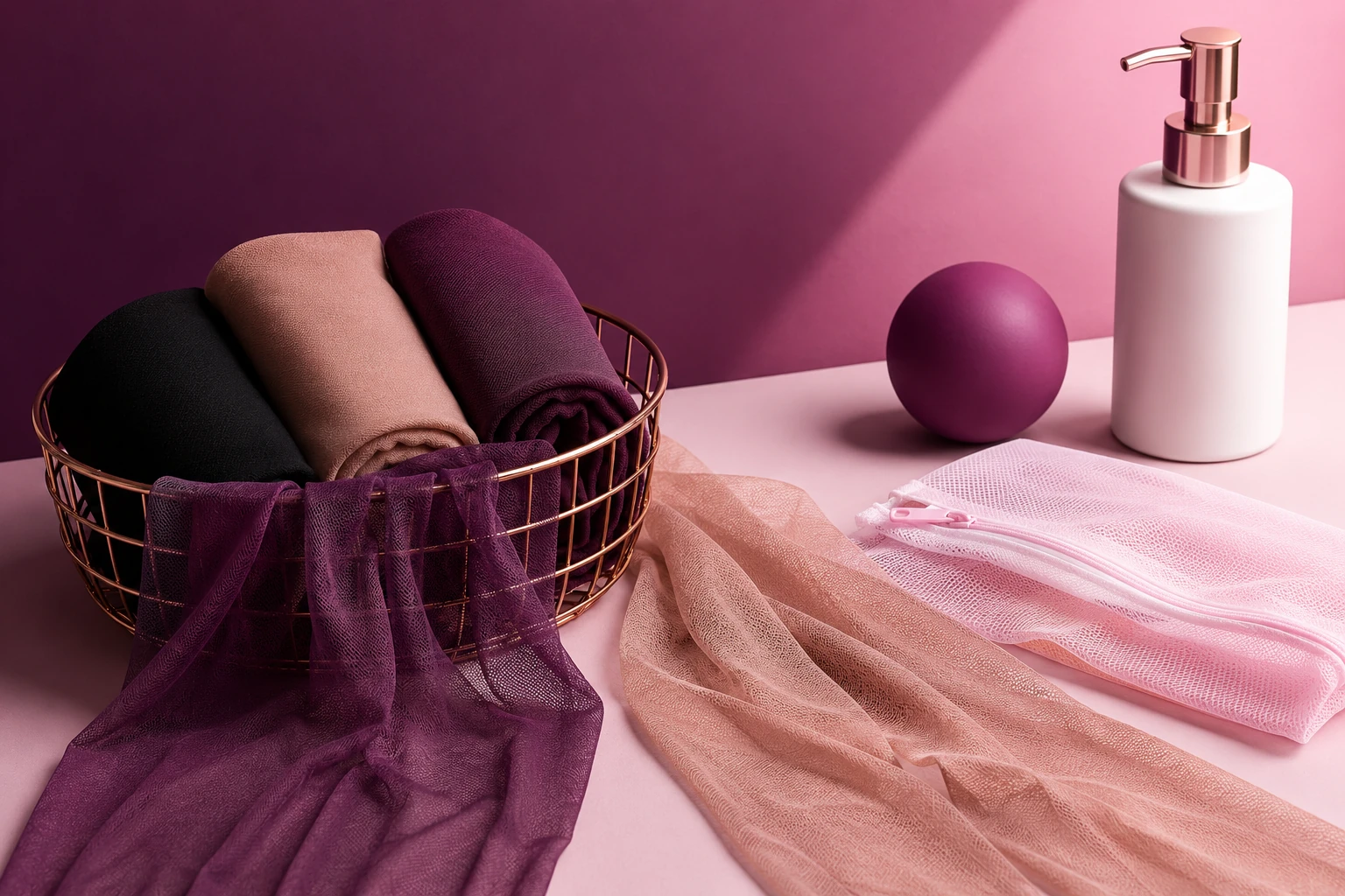 Hosiery care guide with tights and stockings stored for careful washing and care