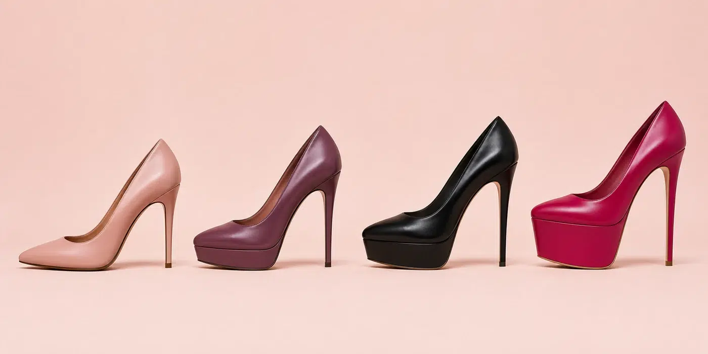High-heeled shoes with increasing platform depths and different effective heel heights