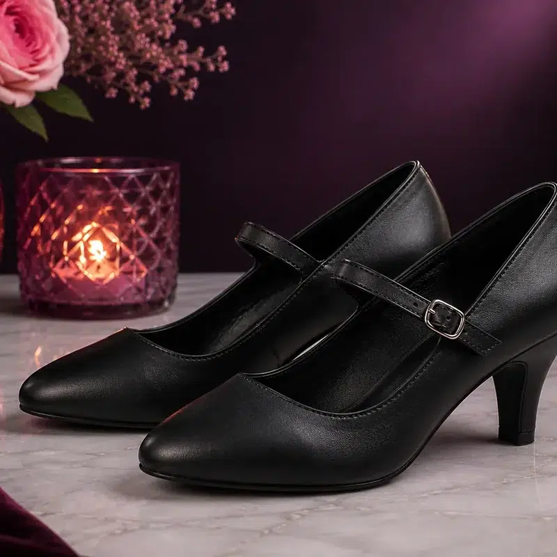 Black feminine shoes with 2 to 2.75 inch heels