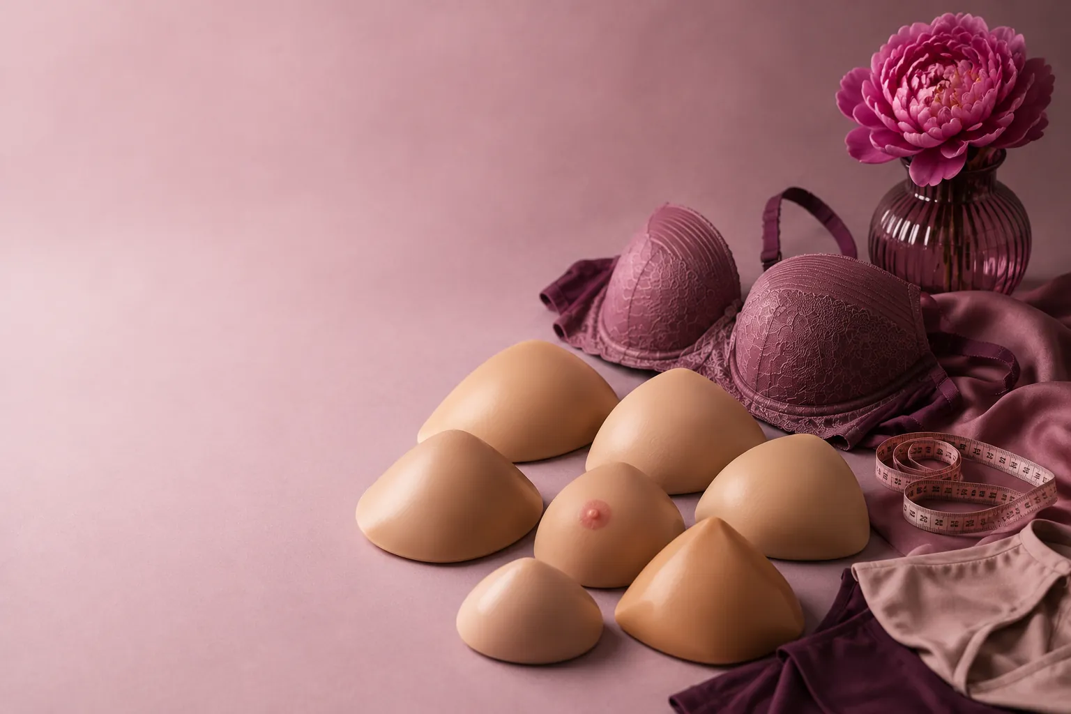 Different sizes of breast forms with a bra, measuring tape and feminine clothing