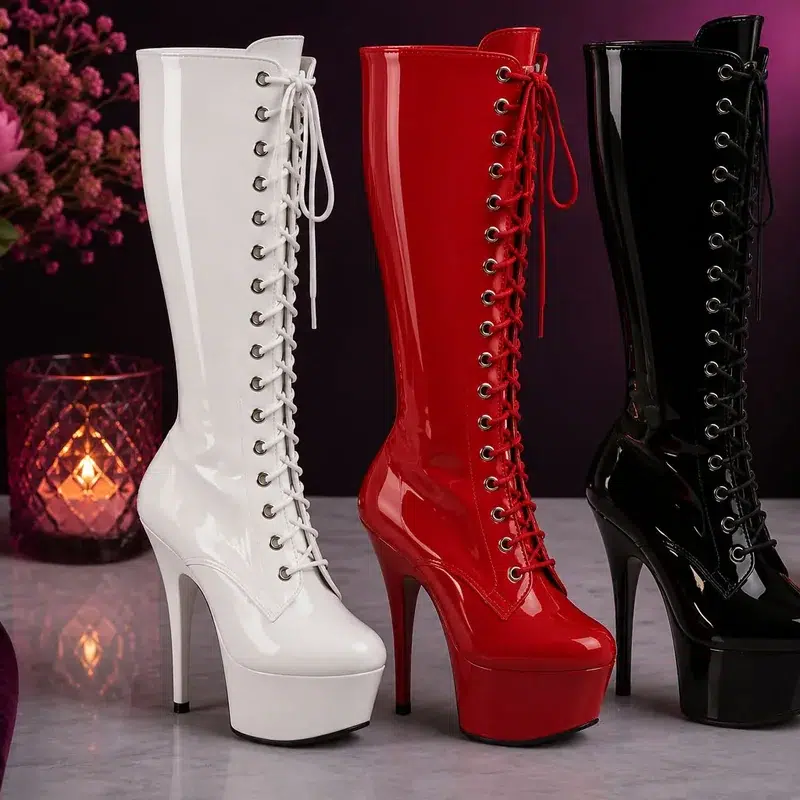 White, red and black feminine knee-length platform boots