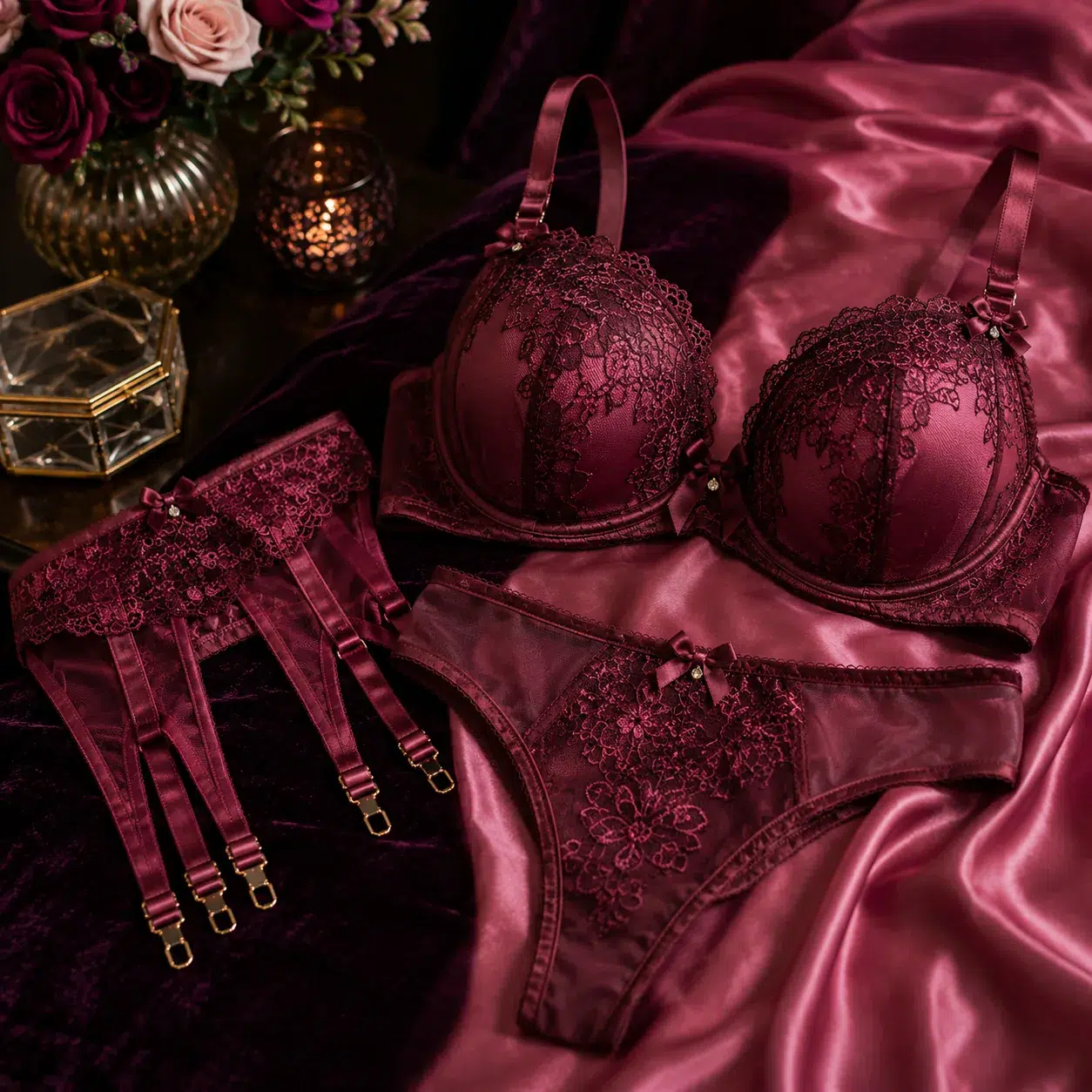 Coordinated burgundy lace lingerie set from Translife