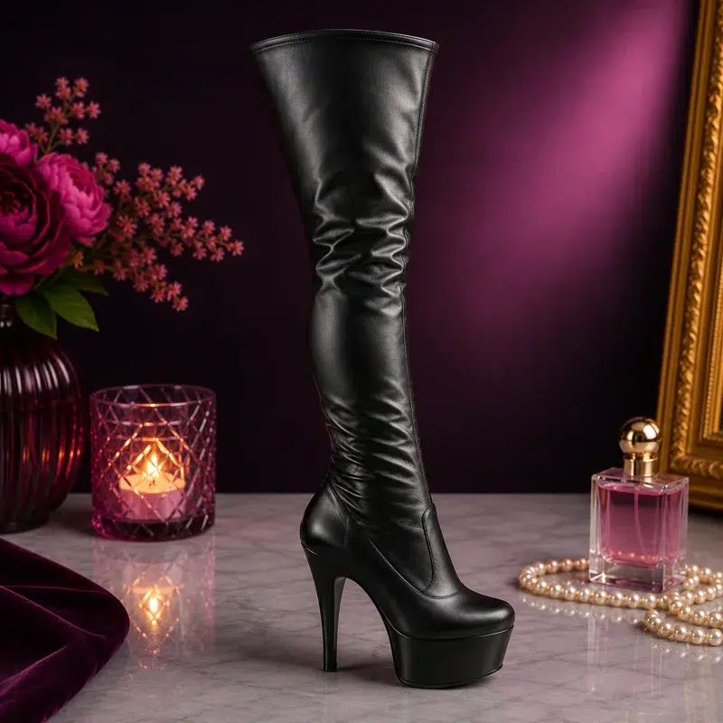 Black feminine thigh-length platform boot