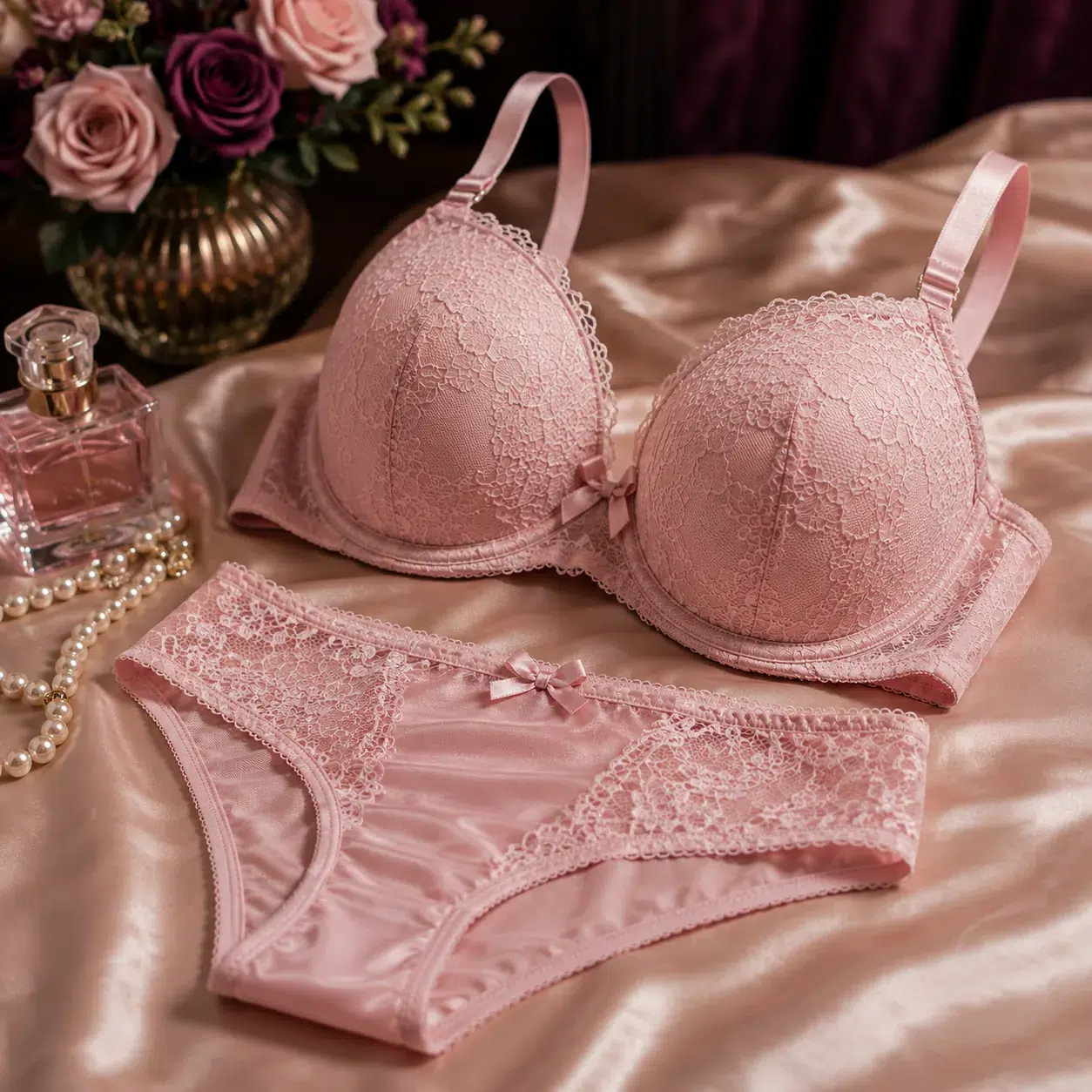 Pink lace bra and feminine underwear from Translife