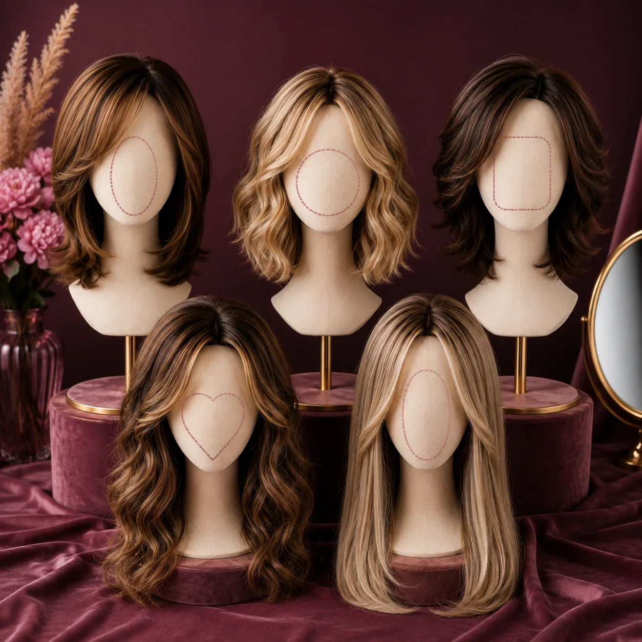 Different wig styles selected to complement different face shapes